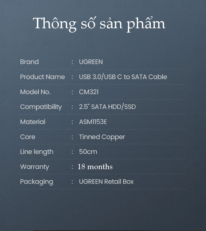 Cáp chuyển đổi USB 3.0 / USB type C sang Sata (7+15) cho ổ cứng ngoài SSD, HDD 2.5 inch, dài 50cm UGREEN CM321 Cáp chuyển đổi USB 3.0 / USB type C sang Sata (7+15) cho ổ cứng ngoài SSD, HDD 2.5 inch, dài 50cm UGREEN CM321