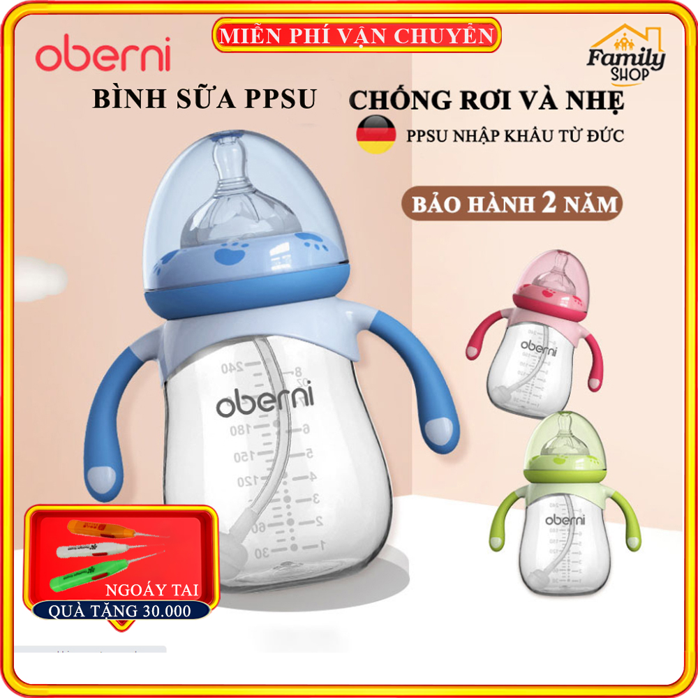 Bình sữa chống sặc Oberni - Nhựa PPSU cao cấp, dung tích 240ml- 300ml, tay cầm tiện lợi, công nghệ van 1 chiều an toàn tuyệt đối với trẻ . Bảo hành 2 năm, lỗi đổi mới 1-1 trong 7 ngày.