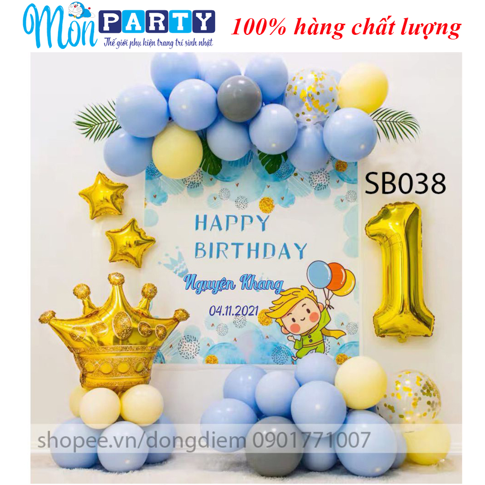 Trang trí sinh nhật cho bé trai tại nhà, Bóng sinh nhật cho bé trai giá rẻ trang trí sinh nhật tone màu xanh pastel kèm phông bạt và in tên bé y ảnh