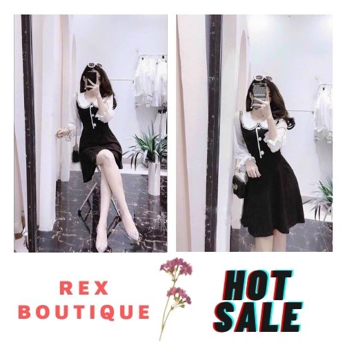 Váy đầm kate dáng xòe cổ phối bèo tay dài