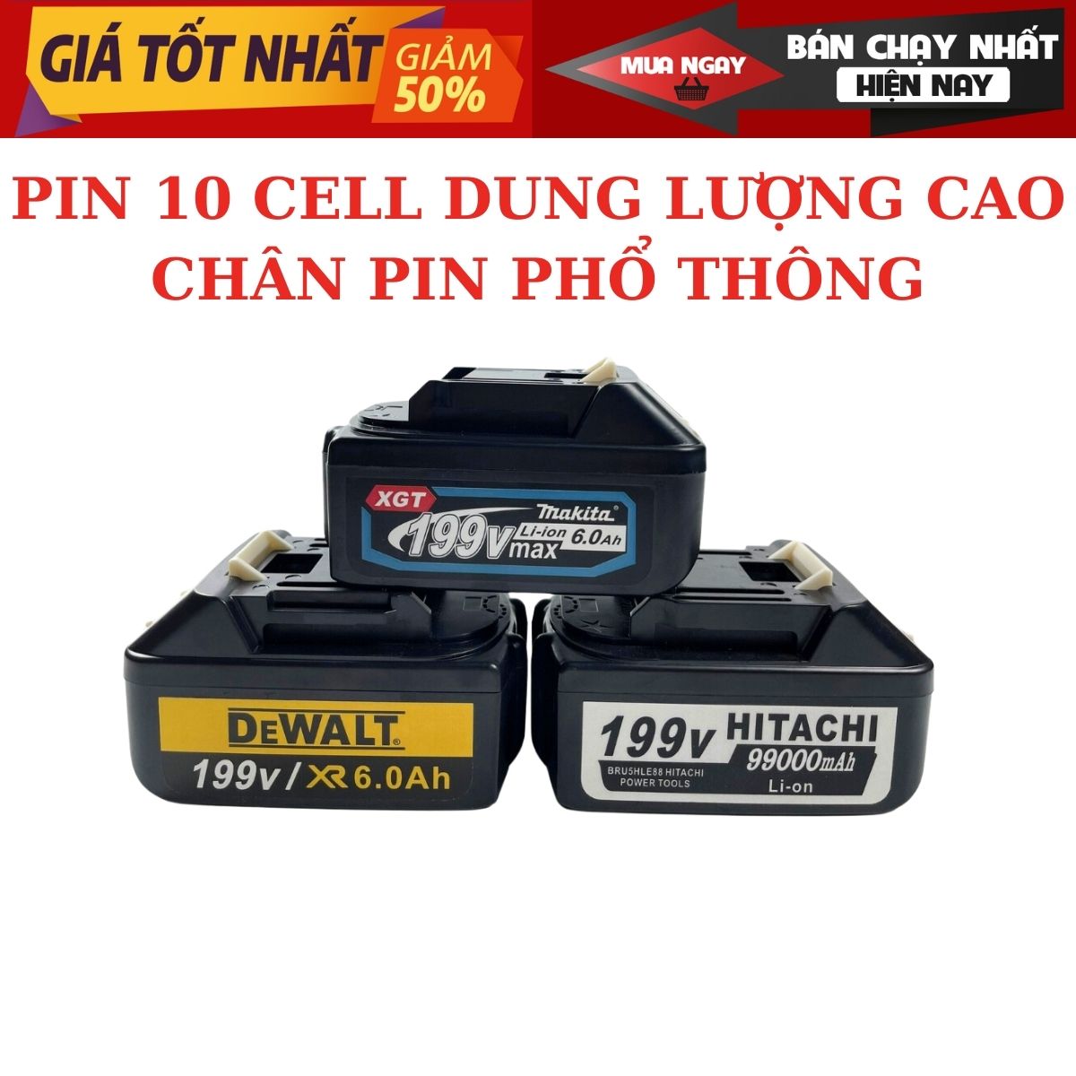 Pin máy siết bulong Máy khoan 10 cell D.W Makita Hitachi Ken 102