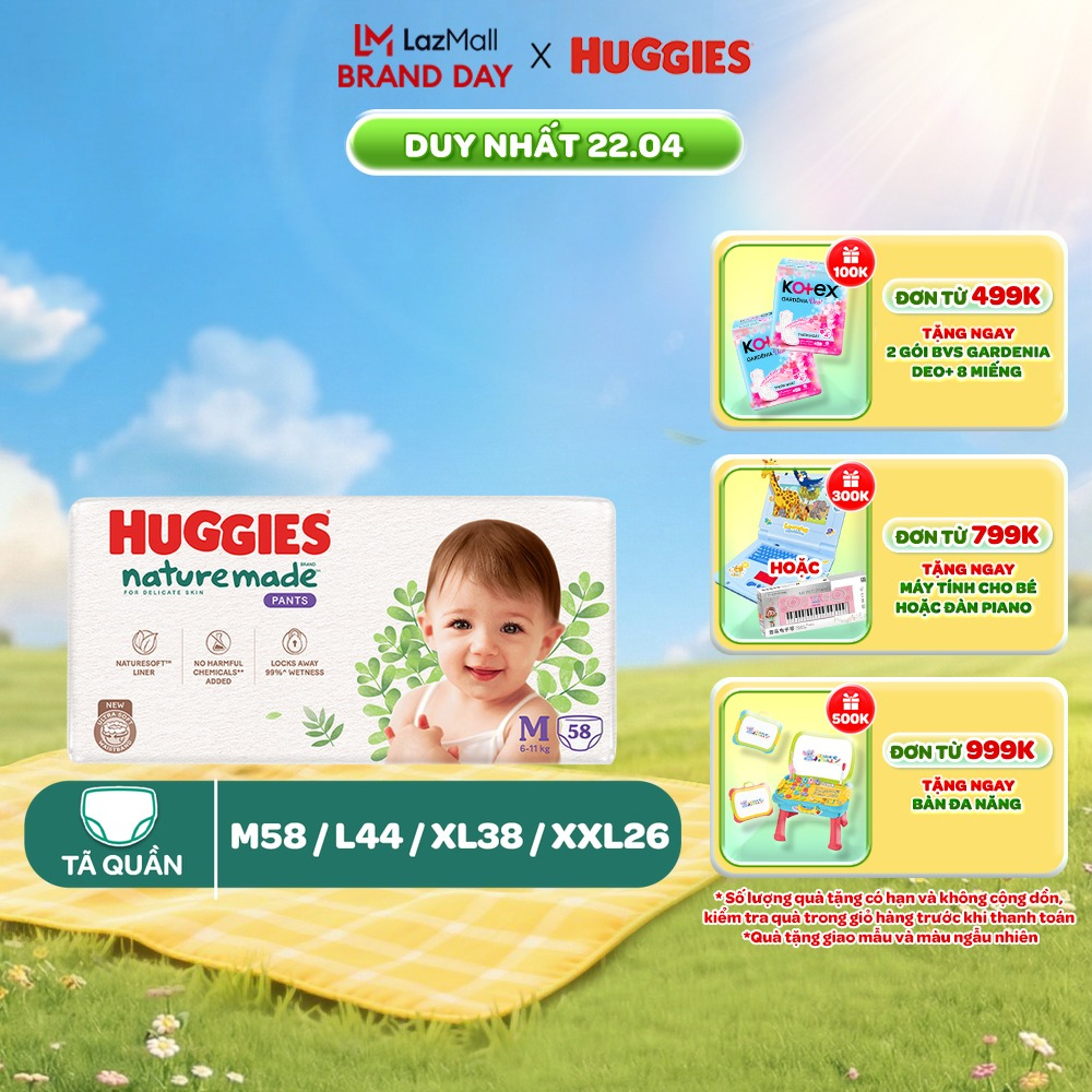 Tã/Bỉm quần Huggies NatureMade M58/ L44/ XL38/ XXL26/ XXXL28