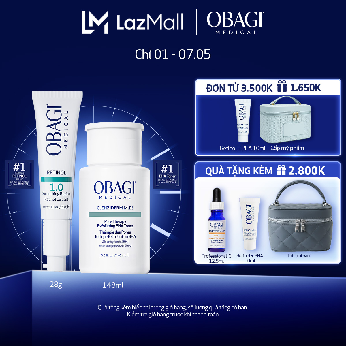 Bộ đôi dưỡng da Toner BHA làm sạch mụn và tẩy tế bào chết Obagi Medical Clenziderm M.D 148ml và Kem Chống Lão Hóa  Tái Tạo Da Obagi 360 Retinol 1.0 28g