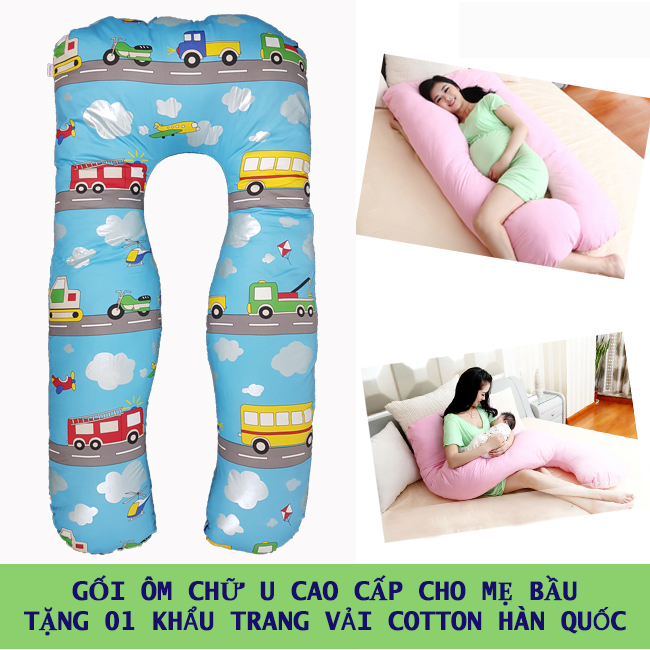[Tặng 01 K.hẩu Trang Cotton HQ] Gối Ôm Chữ U Cao Cấp THIVI Cho Bà Bầu Ngủ Ngon, Đỡ Chuột Rút, Tê Chân - Cotton Hàn Quốc, Gòn Bi 3D - Màu Xanh