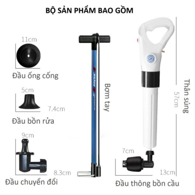 [Tặng kèm bơm tay] Dụng cụ thông tắc bồn cầu nhà vệ sinh, bồn rửa chén chuyên nghiệp - thông tắc cầu cống bằng khí nén hiệu quả với khớp quay 360 độ + Tặng kèm bơm hơi