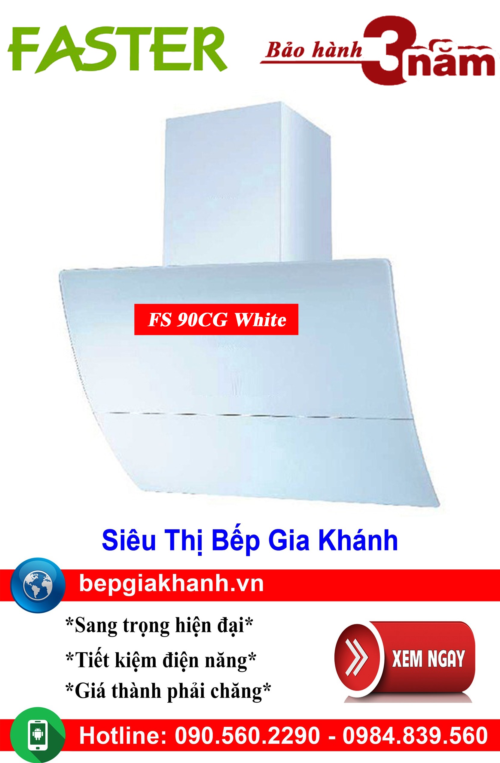 [HCM]Máy hút mùi dạng nghiêng 90cm Faster FS 90CG White, máy hút mùi nhà bếp, máy hút mùi bếp, máy h