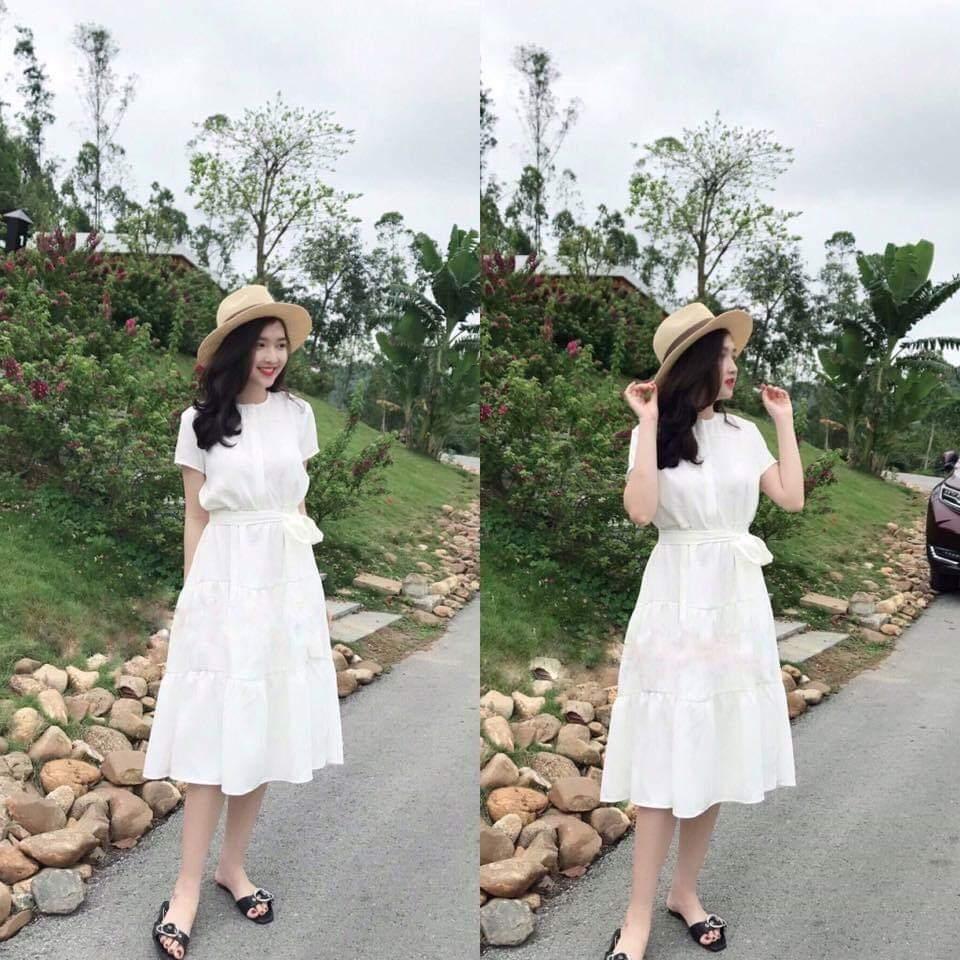Đầm nữ dạng tầng cột nơ ở eo chất kate lụa 4 màu hồng đỏ vàng trắng