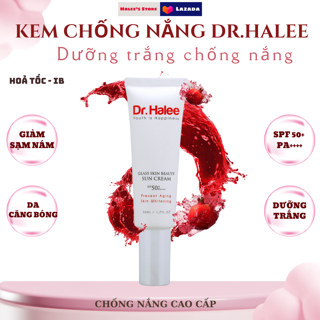 Kem chống nắng lựu đỏ nâng tone dưỡng da dr.halee 50ml - spf50+ / pa++++