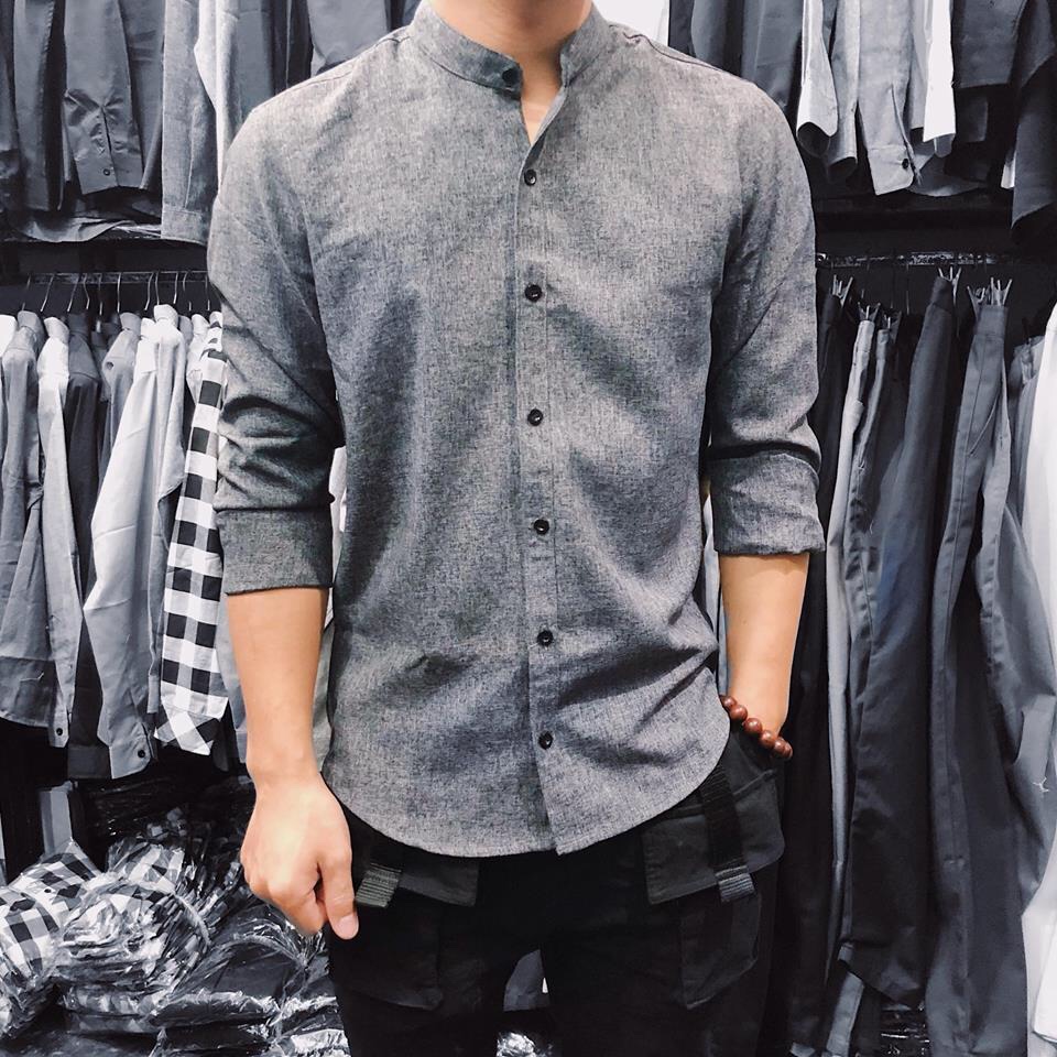 Áo sơ mi nam cổ Tàu Màu Xám Tiêu Đậm vải đũi chất mát, Sơ mi nam cổ Trụ dáng ôm đẹp