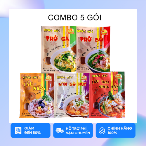 Set 5 gói nước cốt - cốt phở bò, cốt phở gà, cốt bún bò Huế, Cốt Lẩu Thái, Cốt Lẩu Nấm - thơm ngon tiện lợi và an toàn
