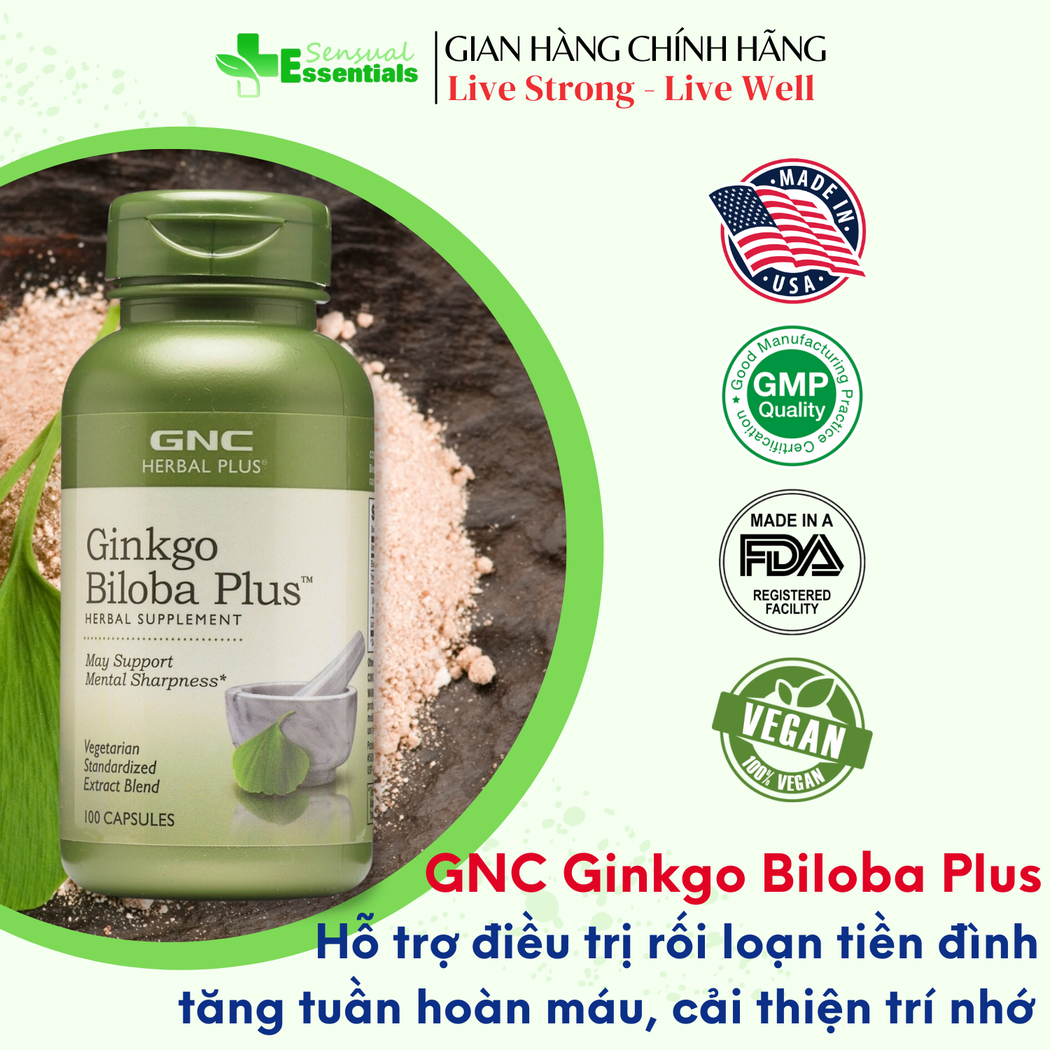[HCM][CHÍNH HÃNG] GNC Ginkgo Biloba Plus 100 viên - Viên uống cao cấp hỗ trợ tuần hoàn máu não cải thiện trí nhớ tinh thần minh mẫn