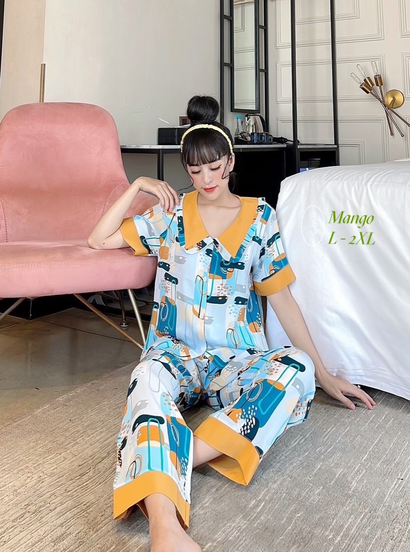 Bộ Pijama Lụa Mango - Đồ ngủ cổ nhòn bèo dể thương trẻ trung Bigsize 40-80kg mềm mịn mát lịm mặc cực sang tặng dây buộc tóc