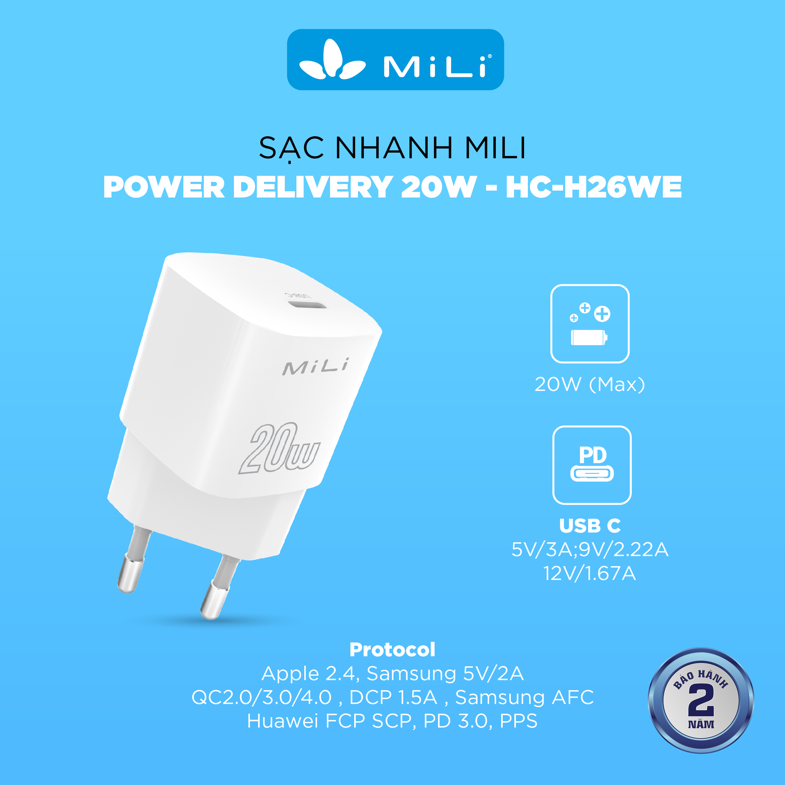 Cốc sạc nhanh mili pd 20w - hàng chính hãng