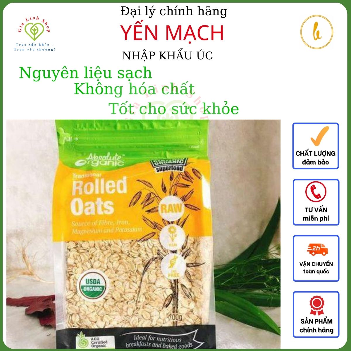 Yến mạch Úc 700G thương hiệu Absolute Organic tốt cho tim mạch, tiêu hóa,ngăn ngừa ung thư, làm đẹp da....