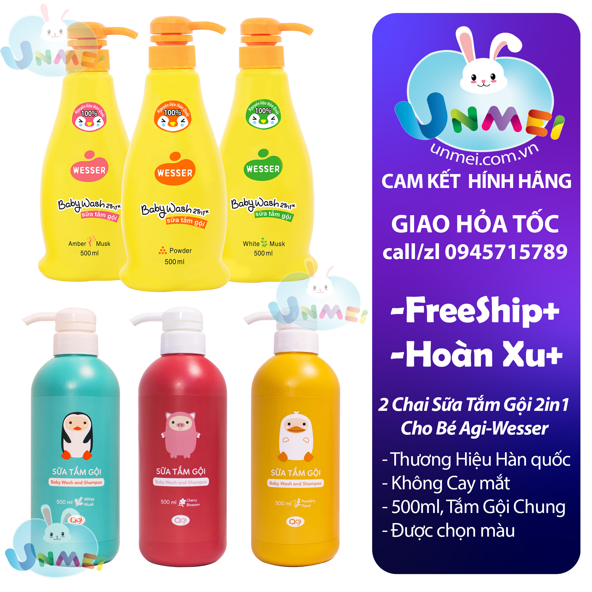 Combo 2 Chai Sữa Tắm Wesser Hương Phấn Dành cho Bé màu Cam-Xanh Lá-Hồng 500ml, Sữa Tắm Agi Đỏ - Xanh - Vàng