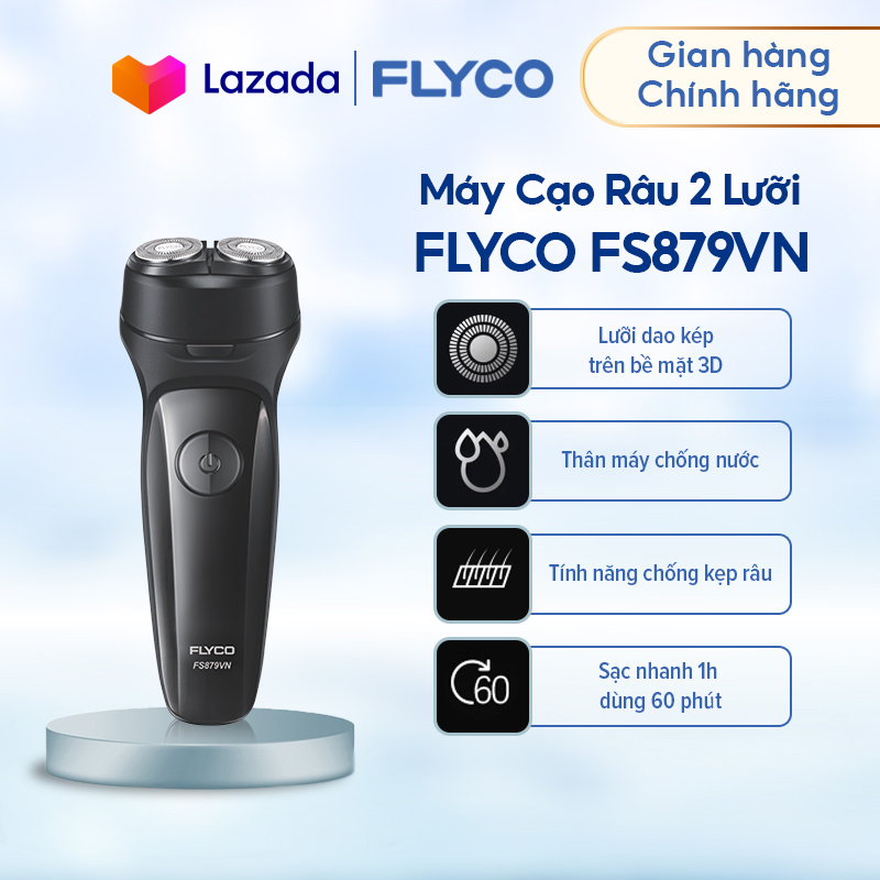 Máy cạo râu FLYCO FS879VN 2 lưỡi kép - Chống nước toàn thân - Sạc nhanh 1 giờ - Mạ hợp kim siêu bền chống xước - Bảo hành 2 năm - Hàng chính hãng