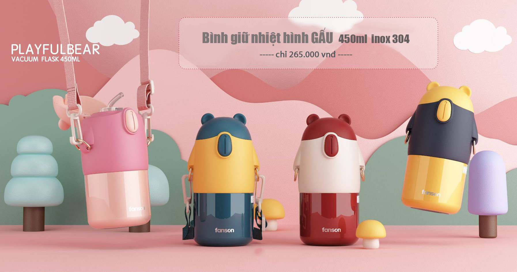 Bình đựng nước giữ nhiệt uống có quai xách cho bé đi học, đi chơi