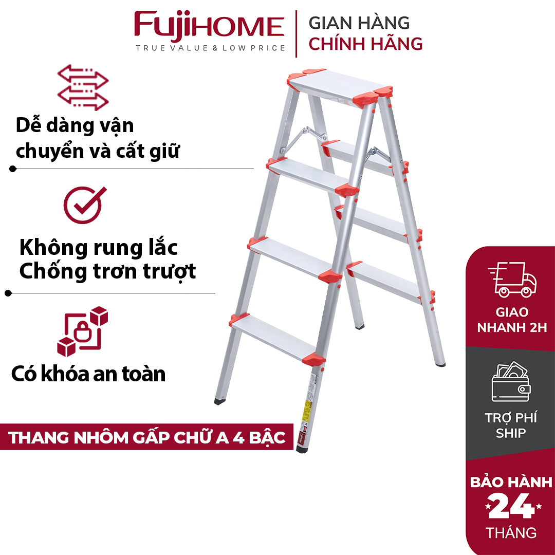 Thang nhôm ghế 4 bậc 99CM bản to gấp gọn nhập khẩu FUJIHOME , thang ghế gia đình đa năng chống trơn trượt - Chính hãng bảo hành 2 năm