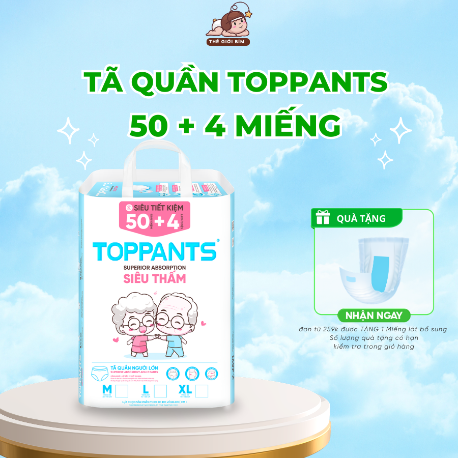 Tã/bỉm quần người lớn TOPPANTS siêu mỏng nhẹ, gói lớn 54 MIẾNG tiết kiệm, đủ size M/L/XL