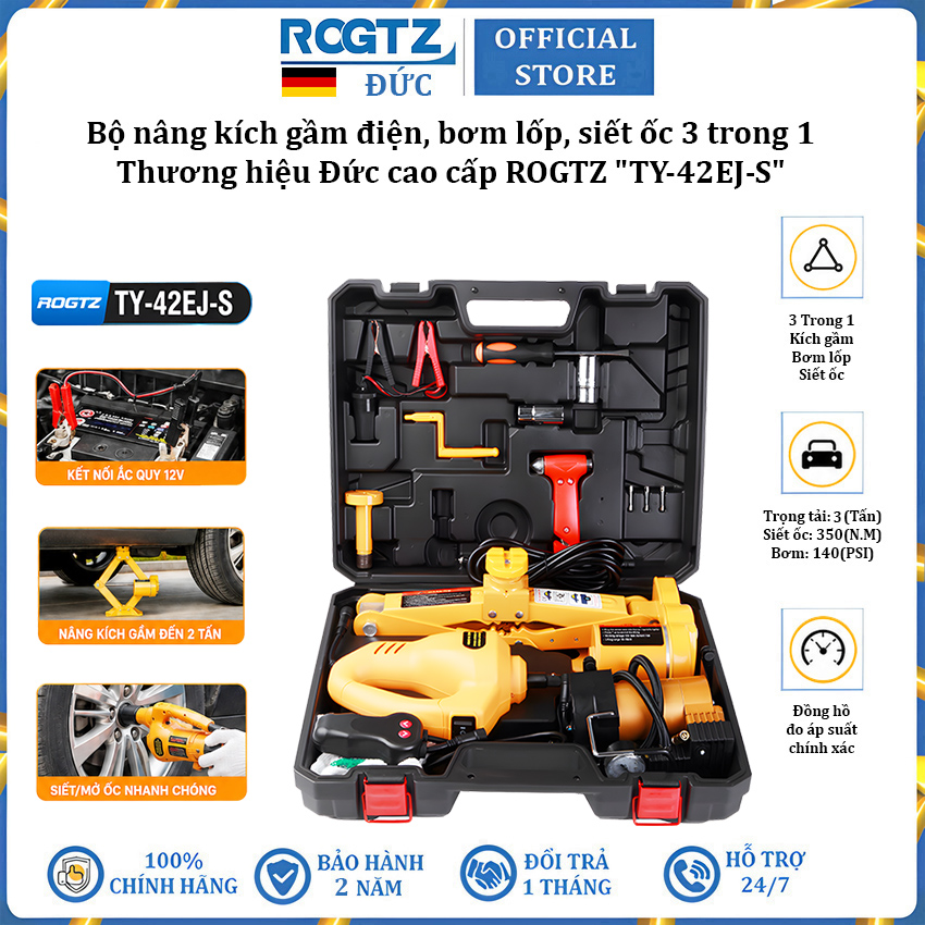 Bộ nâng kích gầm điện, máy bơm lốp và máy siết ốc ô tô đa năng 3 trong 1 rogtz ty-42ej-s