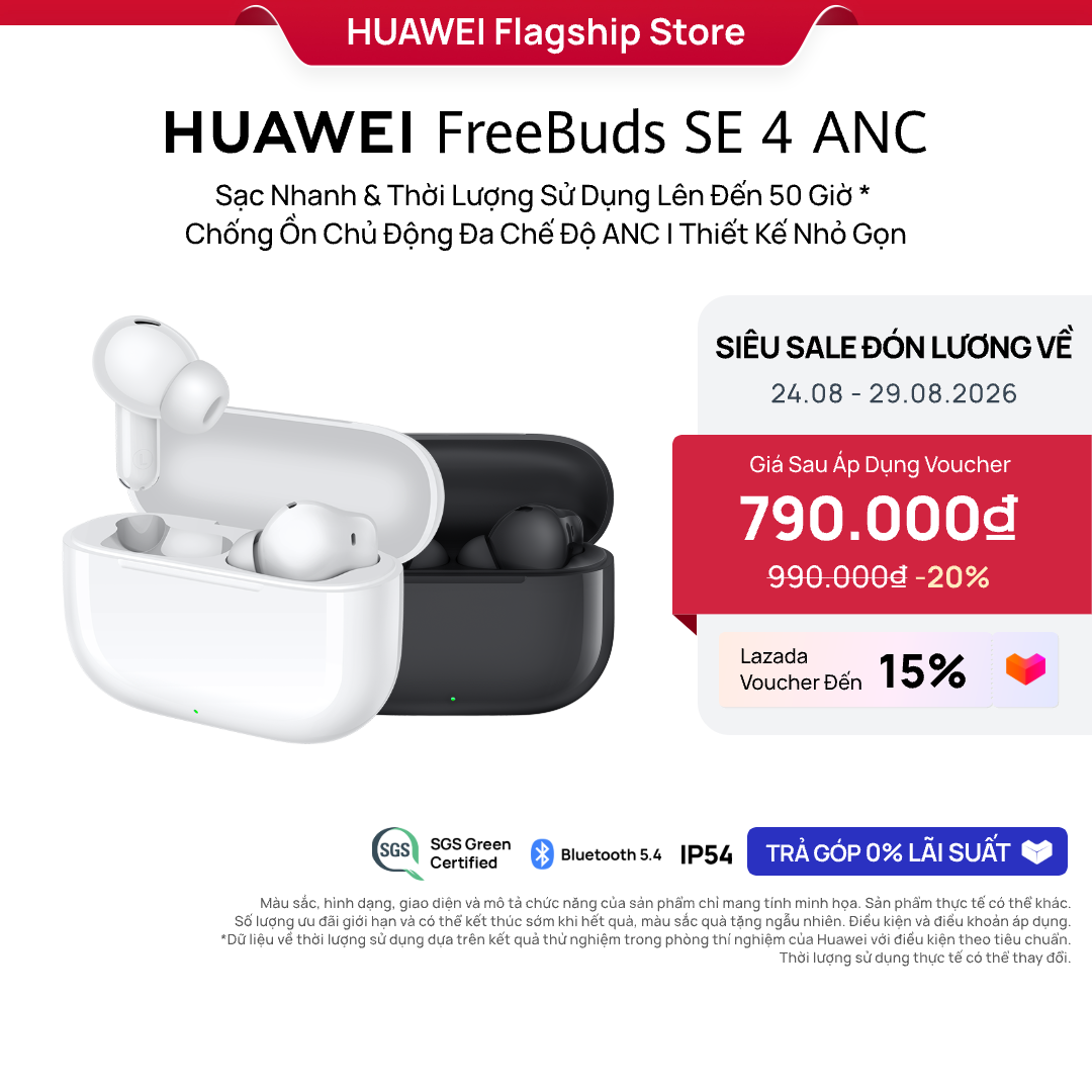 Tai Nghe Bluetooth HUAWEI FreeBuds SE 4 ANC | Sạc Nhanh  Thời Lượng Sử Dụng Lên Đến 50 Giờ | Chống Ồn Chủ Động Đa Chế Độ ANC | Thiết Kế Nhỏ Gọn