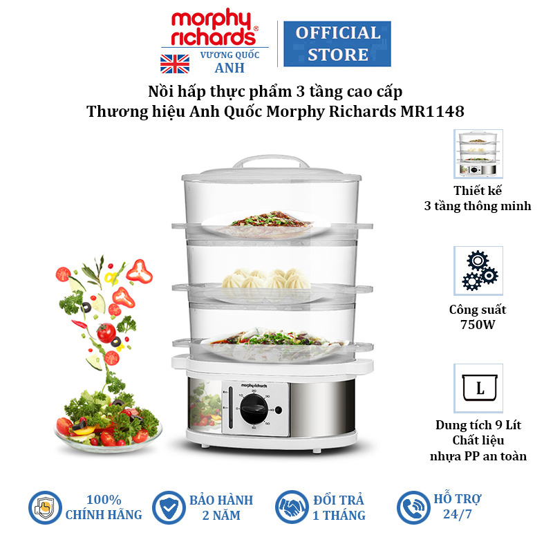 Nồi hấp thực phẩm 3 tầng thương hiệu morphy richards mr1148, dung tích 9 lít - hàng chính hãng