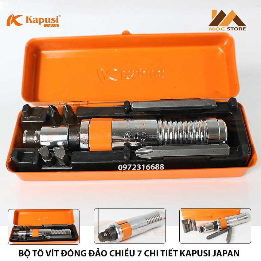 Bộ tô vít đóng xoay đảo chiều 7 chi tiết cao cấp kapusi japan k-7192, tua vít đóng nhật bản - tua vít đa năng