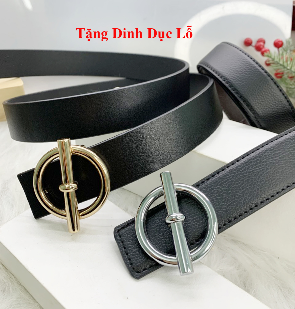 Thắt lưng da bò mặt O xiên bấm lỗ 3.3cm cao cấp tặng kèm đinh đục lỗ
