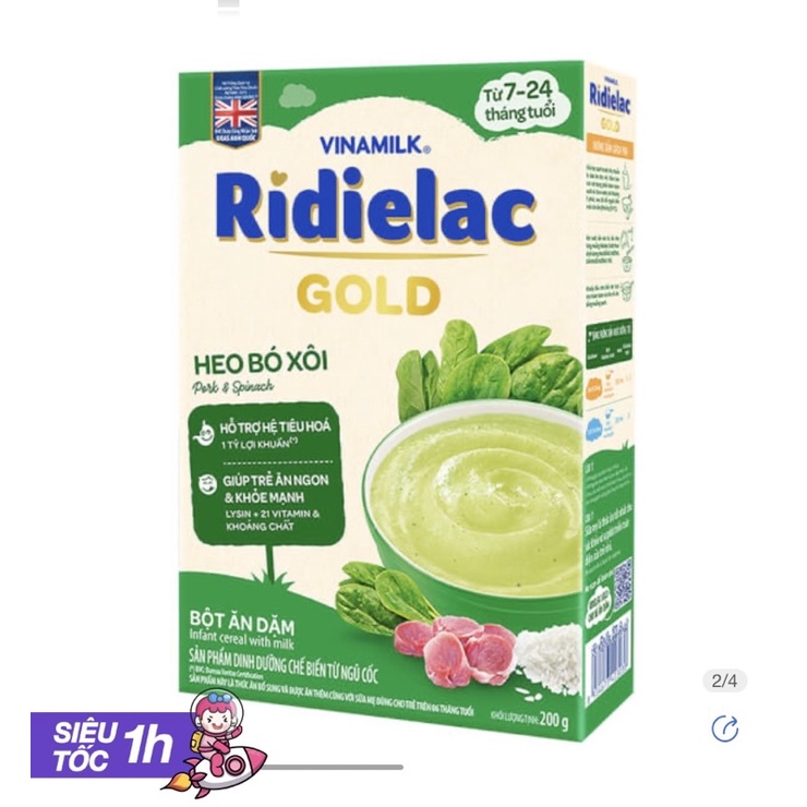 Bột ăn dặm RIDIELAC GOLD Heo bó xôi hộp giấy 200g