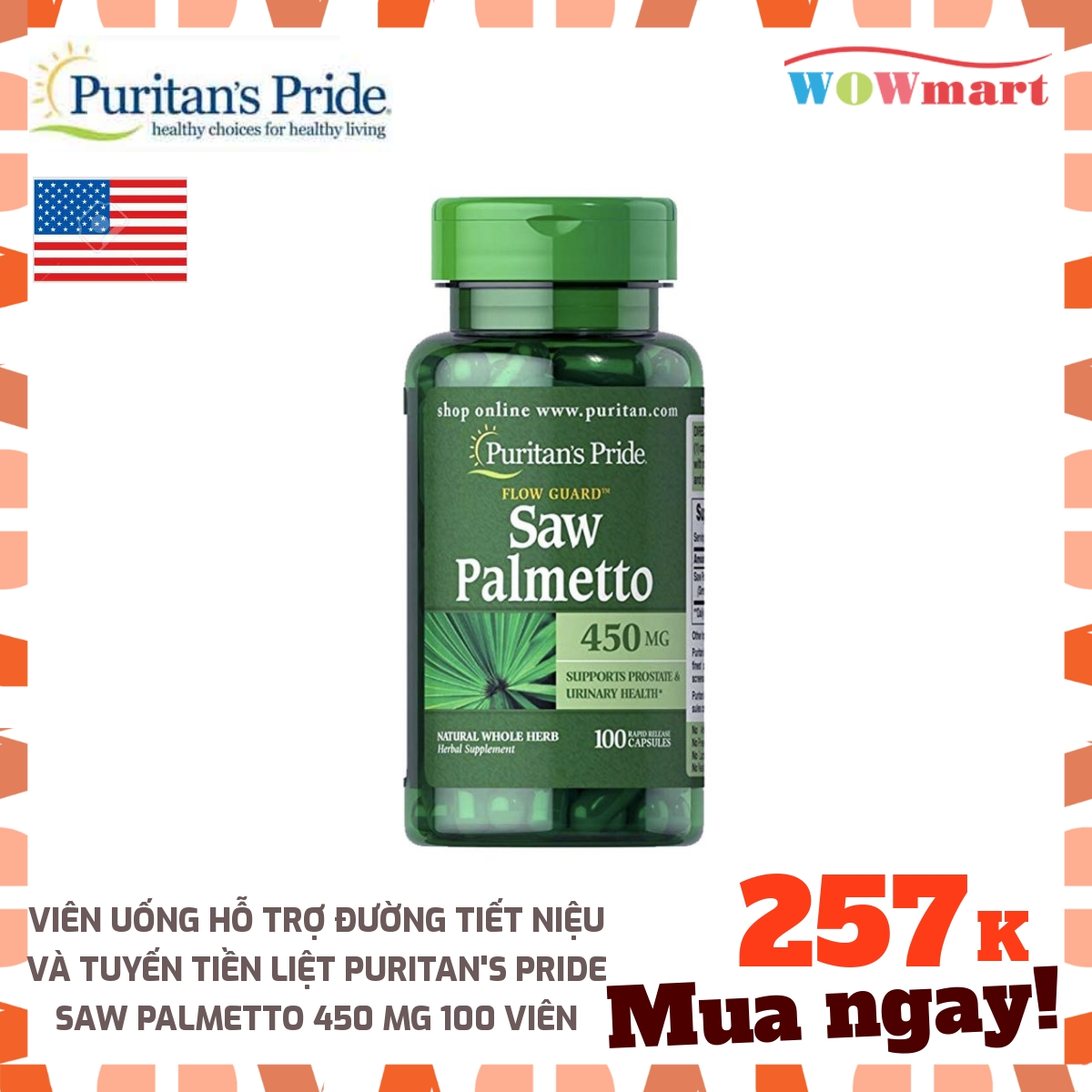 [HCM]Viên uống hỗ trợ đường tiết niệu và tuyến tiền liệt Puritans Pride Saw Palmetto 450 mg 100 viên - [MỸ]