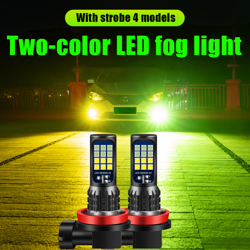 2Picecs 24LED 3030chip Màu kép với Strobe 4 kiểu Đèn sương mù LED H1 H3 Bóng đèn LED H4 H7 H11 H8 Đèn sương mù ô tô siêu sáng DRL 9005 9006 hb3 hb4 880 881 DC12V Đèn chạy xe ban ngày Tự động