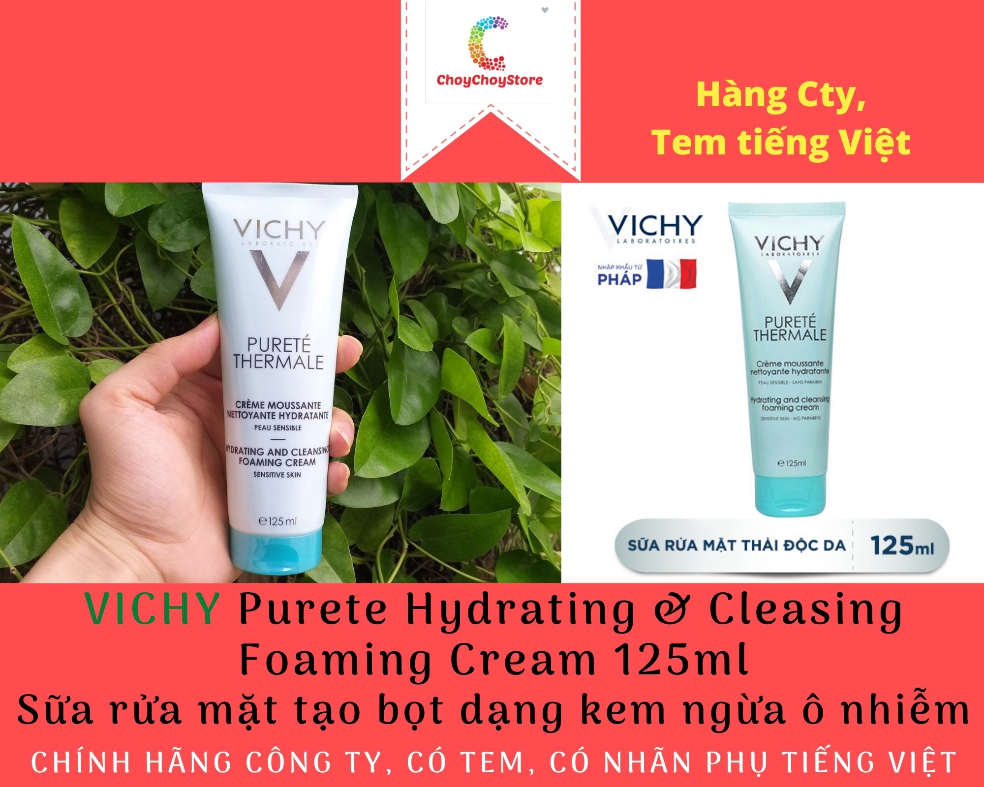 [TEM CTY] Sữa rửa mặt VICHY Purete Hydrating & Cleasing Foaming Cream 125ml - Sữa rửa mặt tạo bọt dạng kem ngừa ô nhiễm.