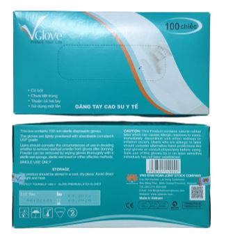 Găng Tay Cao Su Y Tế có bột VGLOVE ( Size: S, M , L ) công ty khải hoàn 100 chiếc (50 đôi găng tay)
