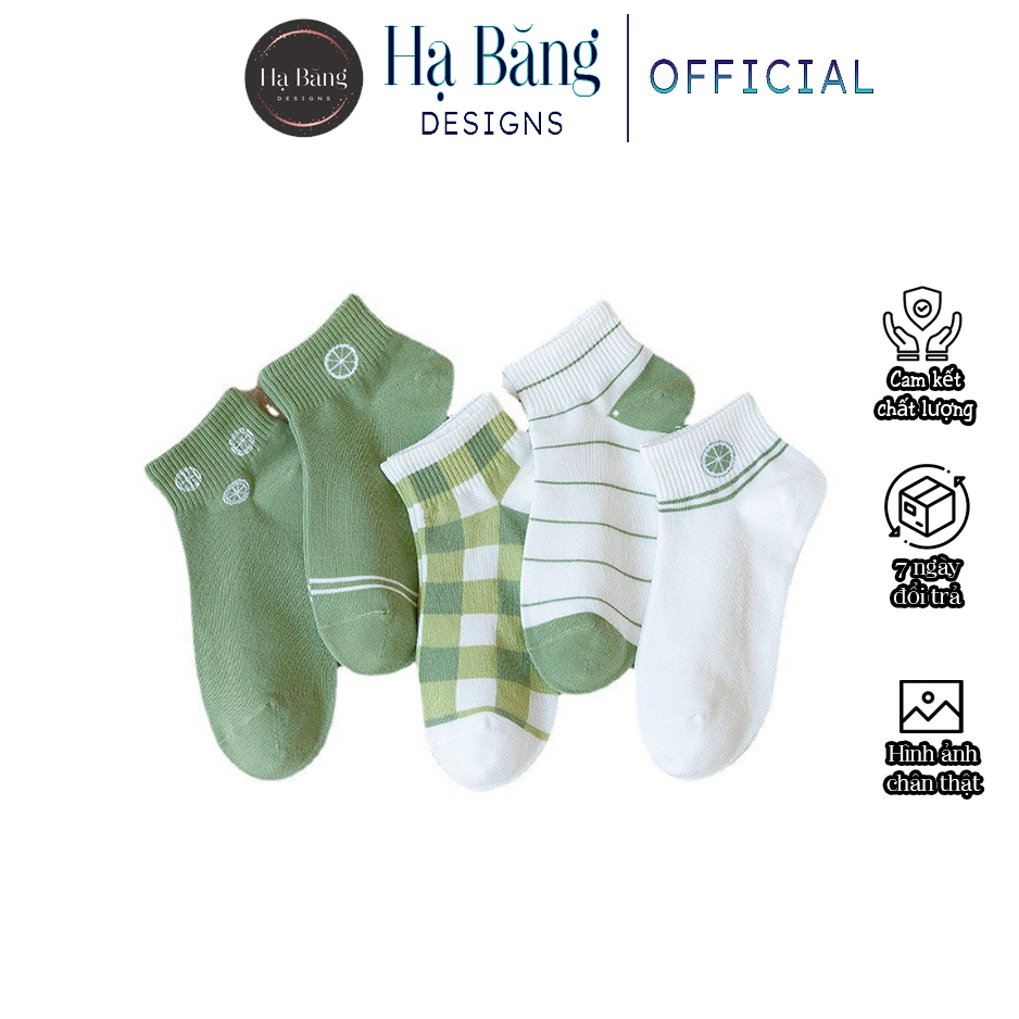 Tất nữ cổ ngắn Hạ Băng Designs set 5 đôi họa tiết nhiều màu, vớ nữ cổ thấp thời trang Hàn Quốc