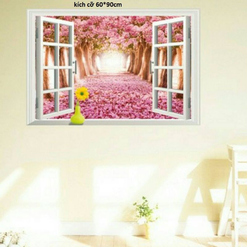 Decal dán tường cửa sổ và hoa anh đào, sẵn keo dán