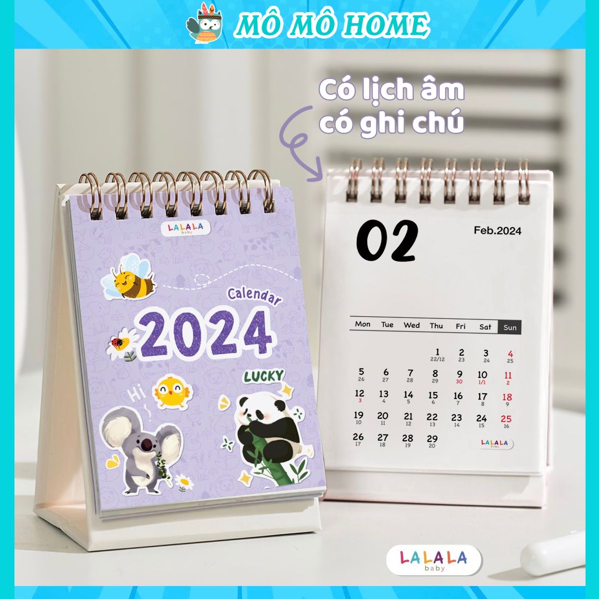 Lịch để bàn 2024 có lịch âm mini kèm ghi chú Calendar nhiều mẫu Cute Mô Mô Home