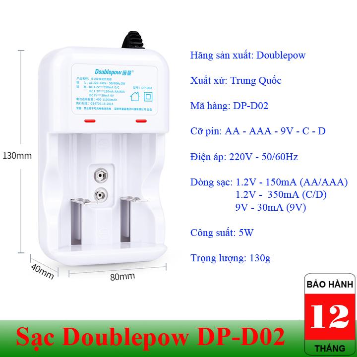 Bộ sạc đa năng pin tiểu pin đũa AA-AAA, pin 9V, pin trung, pin đại Doublepow DP-D02
