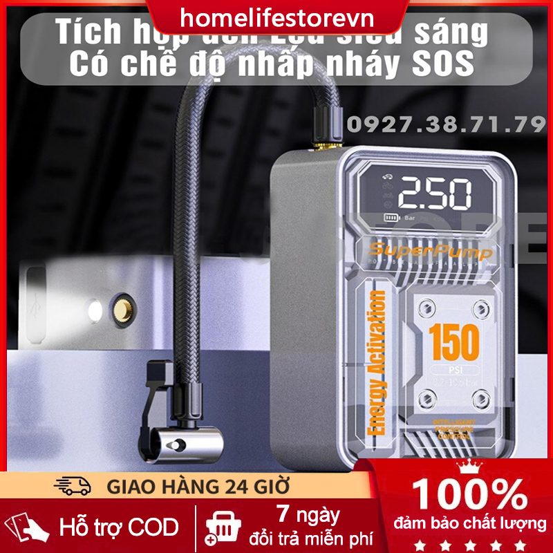 Máy bơm bánh xe ô tô cầm tay đa năng tự ngắt - Dùng làm sạc dự phòng - Đèn Pin - Bơm lốp xe oto, xe hơi, xe máy, xe đạp HOME