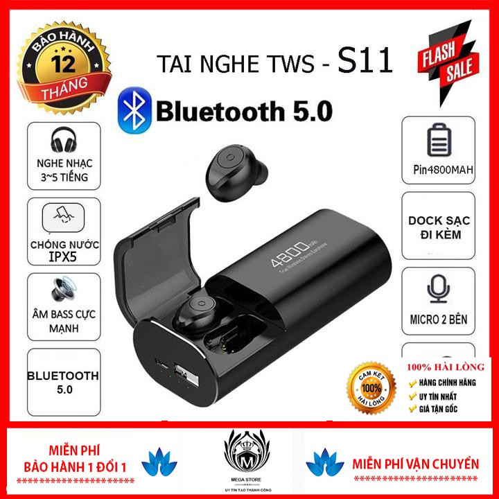 Tai Nghe Bluetooth S11 5.0 Tws - Kiêm Sạc Dự Phòng Cho Điện Thoại Chống Nước Ipx5-Bass Siêu Trầm