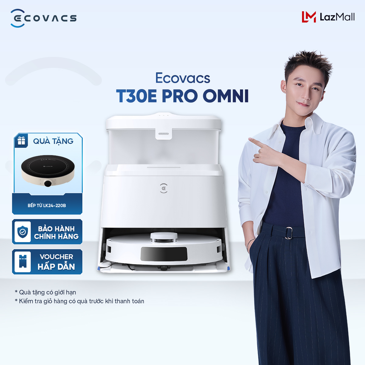 Robot hút bụi lau nhà Ecovacs Deebot T30e Pro Omni - Lực hút 11.000Pa - Pin 5200mAh - Tự động giặt giẻ bằng nước nóng