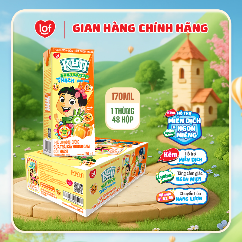 Kun Sữa trái cây Cam có Thạch thùng 48 hộp x 170ml