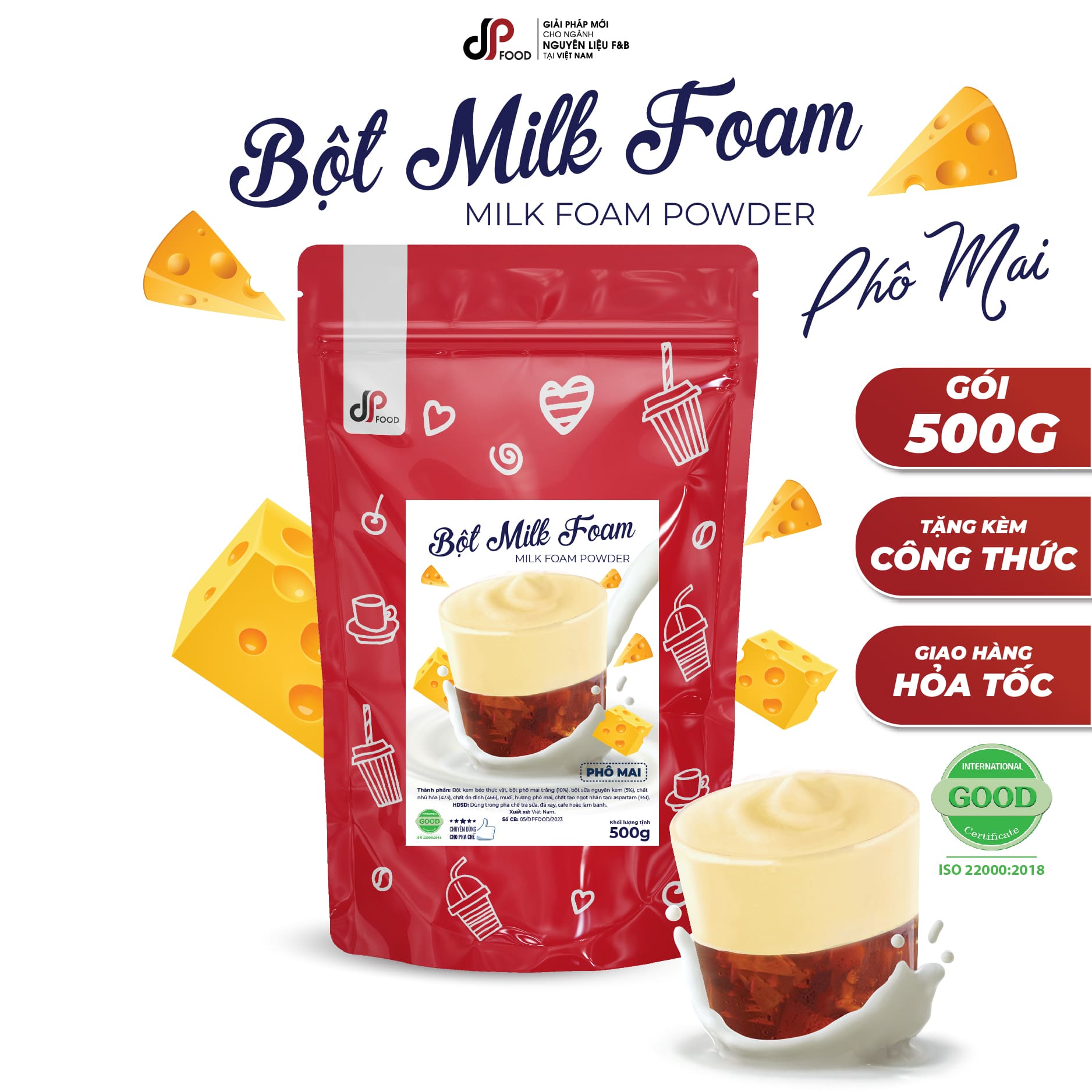 Bột Milk Foam Phô Mai DP FOOD - Gói 500G - Thơm béo đậm đà - Làm Topping Rót Lên Trên Trà Sữa, Cà Phê, Sốt Chấm Bánh Que,...