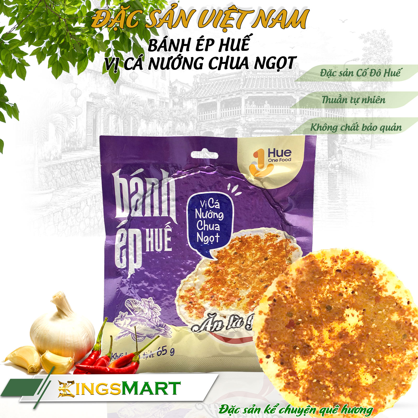 Bánh Ép Huế Vị Cá Nướng Chua Ngọt - Thương hiệu HUE ONE FOOD - Đặc sản Cố Đô Huế - Túi Snack 40g - Kingsmart