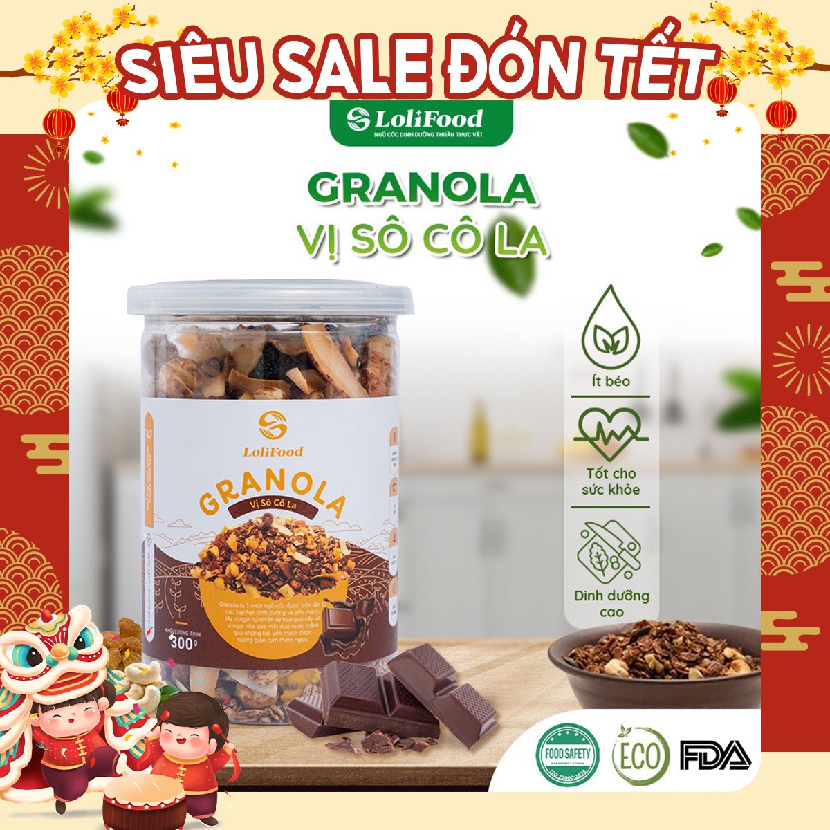 Ngũ cốc granola lolifood, ngũ cốc siêu hạt vị sô cô la, ngũ cốc chocolate, ăn kiêng, ngũ cốc giảm cân, hạt cao cấp 300gr