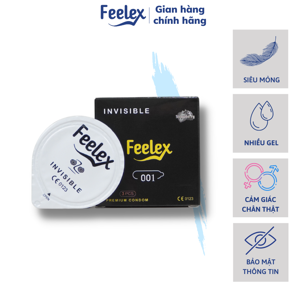 Bao cao su Feelex Invisible siêu mỏng, nhiều gel bôi trơn, hương dâu, hộp 03 chiếc