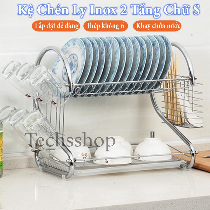 Kệ úp chén dĩa inox 2 tầng có khay chứa nước cao cấp - Rổ úp ly ráo nước - Kệ úp bát 2 tầng - Kệ úp nồi có khay đũa muỗng - Kệ để đồ nĩa - Kệ nhà bếp - Kệ sóng chén