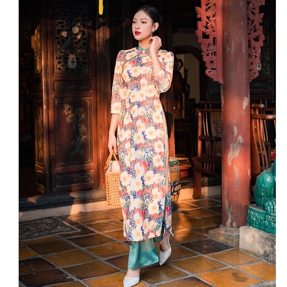 Set bộ lụa áo dài tết chất liệu lụa Taffta hoa vàng cao cấp Orchid GD25O359