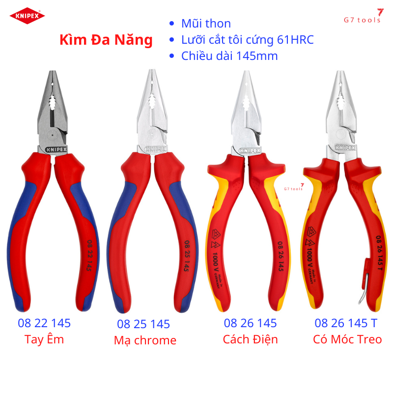 Kìm knipex đa năng mũi thon lưỡi cắt 61 hrc cộng lực cao mã số 08 22 145/ 08 25 145/ 08 26 145/08 26 145 t