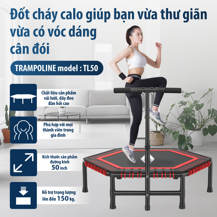 BG - Sàn nhún lò xo mẫu mới Trampoline 50inch dành cho mọi lứa tuổi ,  Thiết kế gấp lại gọn gàng và thật dễ dàng , tay vị có thể điều chỉnh dễ dàng