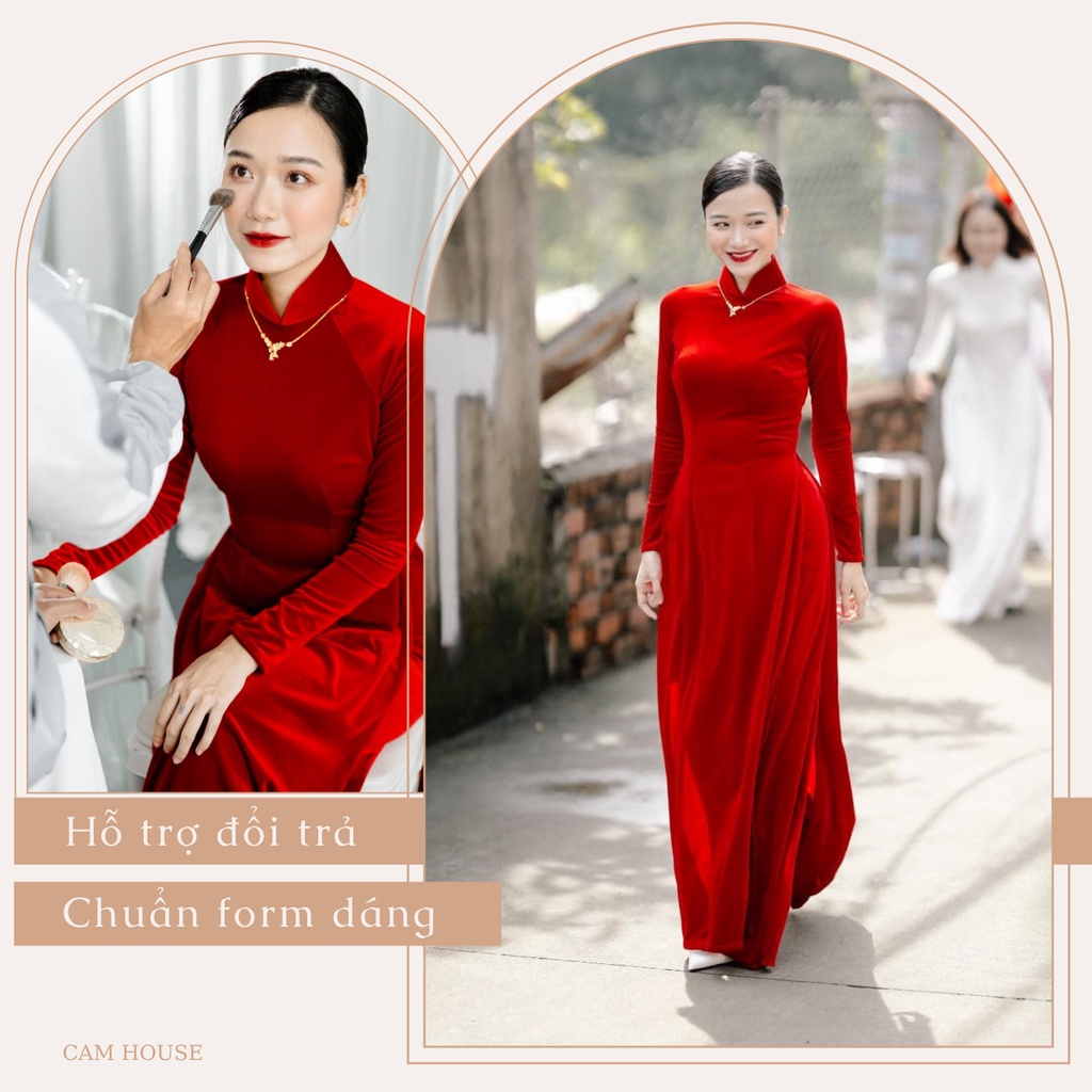 Áo dài cô dâu nhung đỏ, cổ cao